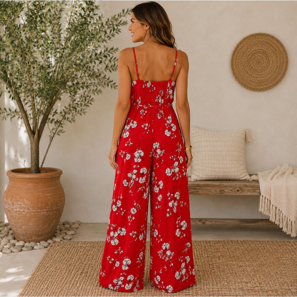 Skies are Blue Floral Sleeveless Wide Leg Jumpsuit M Red Danica Boho Stitch Fix - Picture 6 of 13